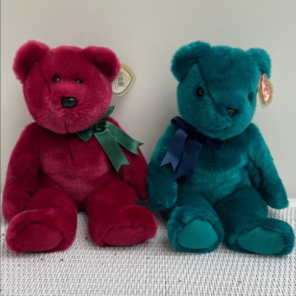 TY Beanie Babies plush Dark Pink and Teal Teddy Bears - Picture 1 of 2